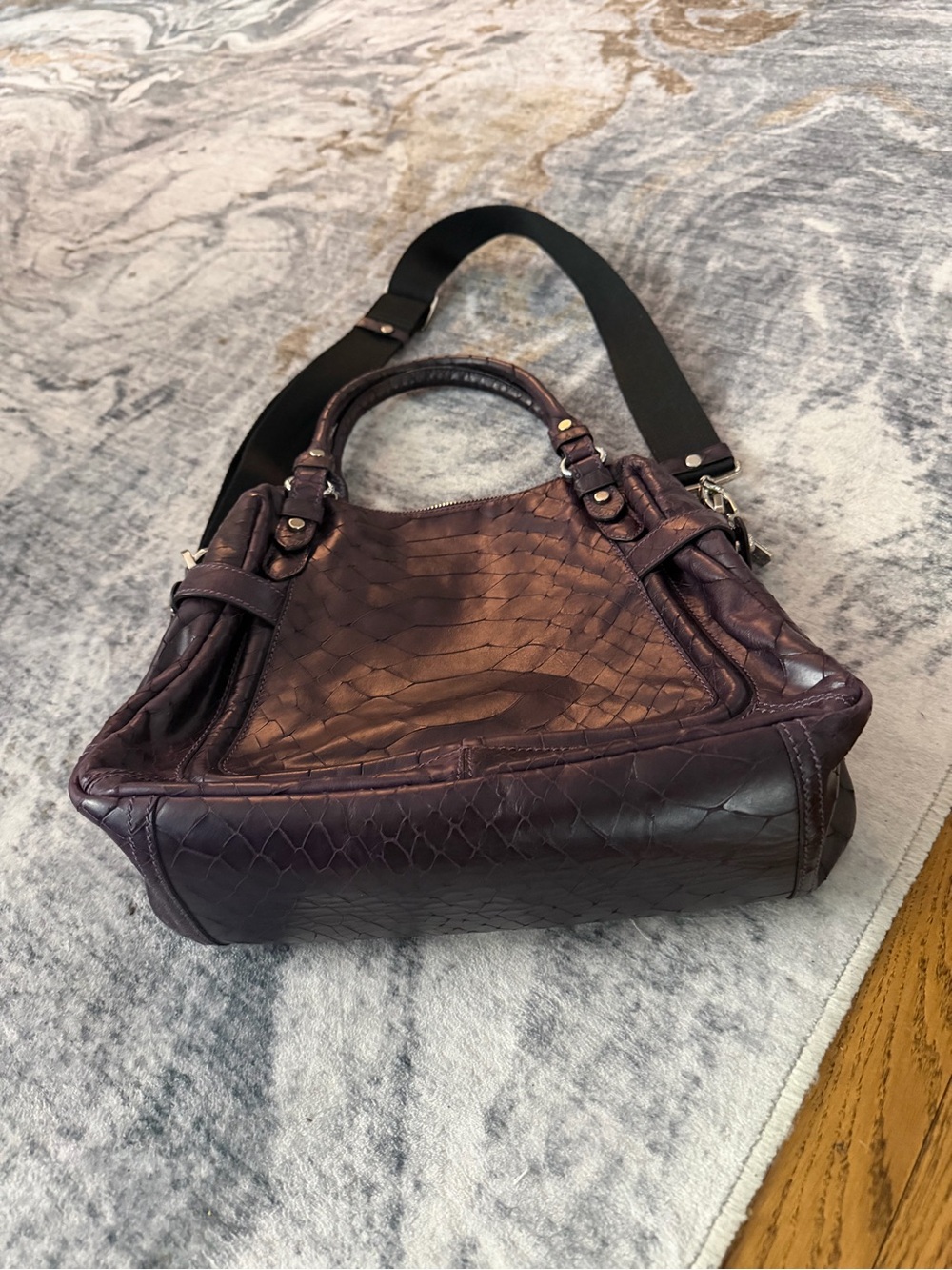 Women’s Textured Leather Satchel Bag in Deep Plum Double Leather Strap